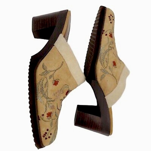A Marinelli Printed Tan Floral Suede Embroidered 2.5” Heeled Clog Mule Women’s 8 - Picture 8 of 9